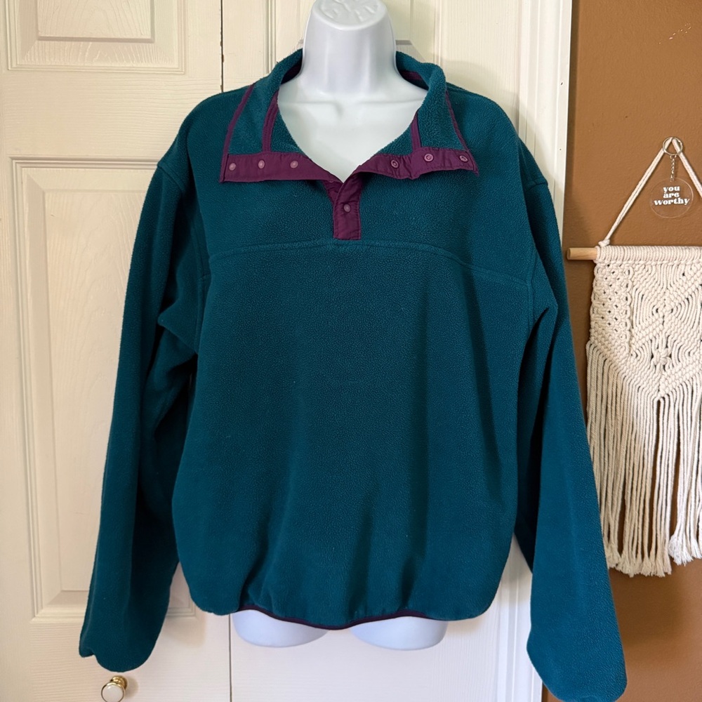 Lands End Vintage Teal Pullover Snap-Front Fleece with Plum Trim / Size M